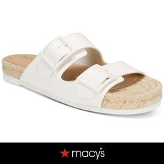 in stock White Slides With Buckle Closure For Spring, Summer White Medium-width Wedge Sandals, Footbed Sandals, Buy Online, Buckle, Sandals