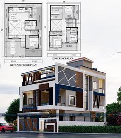 two story house plan with floor plans and elevation details in blueprints on the front