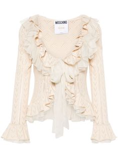 Moschino ruffle-trim pointelle-knit Cardigan - Farfetch Mode Zara, Pointelle Knit, City Dress, Mode Inspo, Cotton Wool, Dream Clothes, Baby Knitting Patterns, Miss Me, Ruffle Trim