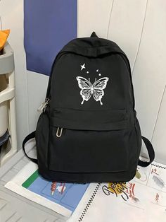 1 Butterfly Print Backpack, Fashionable And Versatile Casual Sports Shoulder Bag, Suitable For Girls, Boys And Children To Go Back To School, Travel And Leisure, Solid Color Classic Backpack, Suitable For Daily Use, School And Commuting Butterfly Print Student Backpack, Kawaii College Style Schoolbag, Large Capacity Travel Schoolbag, Must-Have For Postmen Black Casual   Polyester Animal,Cartoon,Letter,Plain,Plants Classic Backpack   Kids Bags & Luggage, size features are:Bust: ,Length: ,Sleeve L Y2k School Backpack, Preppy Backpacks For School, School Bags For Girls Student, Cute Small Backpacks, Cute Black Backpack, Black School Bags, Small School Bags, Stylish School Bags, Kids' Bag