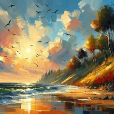 a painting of birds flying in the sky over water and beach with trees at sunset