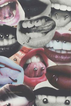 multiple images of mouth shapes with teeth and tongue piercings on them, all in different colors