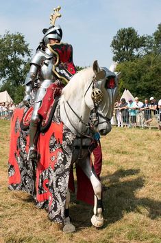 a knight riding on the back of a white horse