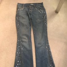 Tag Jeans W Flare Leg And Rhinestones Tag Jeans, Jeans Color, Colored Jeans, Flare Jeans, Wide Leg, Color Blue, Women Jeans, Tags, Women Shopping