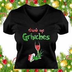 Drink Up Grinches Shirt Wine GLITTER FLAKE Heat pressed Vinyl (not Rhinestones) Christmas Holiday Gift T-Shirt Women Short Sleeve V-neck or Long Sleeve Crew Neck Option 1-LPC54V Port & Company Ladies Core Cotton Short Sleeve V-neck -5.4-ounce, 100% cotton -Side seamed Option 2-BC6405 Bella + Canvas Ladies Relaxed Short Sleeve V-neck -Relaxed fit -Tear-away label -Side seamed -4.2-ounce, 100% Airlume combed and ring spun cotton Option 3-LPC54LS Port & Company Ladies Core Cotton Long Sleeve Crewne Drink Up Grinches, Christmas Sweater Outfits, Grinch Santa, Bar Crawl, Glitter Shirt, Christmas Tree Decorations Diy, Glitter Flake, Biker T Shirts, Heat Press Vinyl