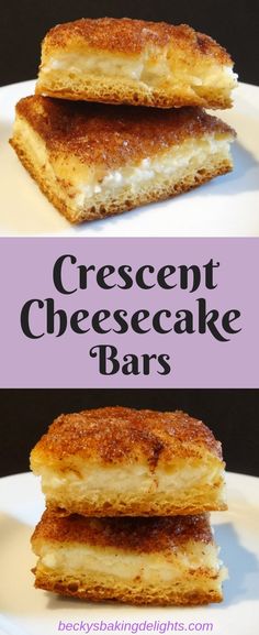 cheesecake bars stacked on top of each other with the words crescent cheesecake bars