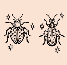 two bugs sitting next to each other on top of a pink surface with stars around them