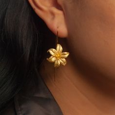 Sweet Lily Drop Earrings  - Metal Color Gold: Handmade 925 Sterling Silver and 18K Gold Plated Silver: Handmade 925 Sterling Silver with 18K Gold Plated accent - Dimensions Flower: Approximately 22mm (0.85in) Wide and High - Sold as a Pair Yellow Flower Earrings, Dangly Gold Earrings, Bird Earrings Gold, Flower Gold Earrings, Lilly Jewelry, Drop Gold Earrings, Flower Earrings Silver, Lily Earrings, Lily Jewelry