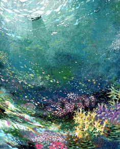 an underwater scene with colorful flowers and plants in the foreground, under blue water