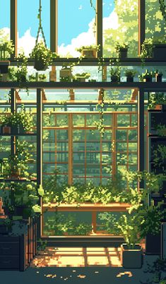 the inside of a building with lots of windows and plants growing on it's sides