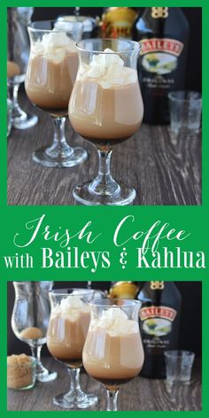 irish coffee with bailey's and kahlua in glasses on a wooden table