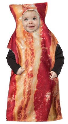 a baby in a bacon costume standing up