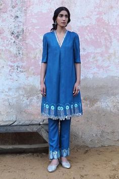 Shop for Saksham Neharicka Blue Handwoven Silk Kurta And Pant Set for Women Online at Aza Fashions Blue Kurta, A Line Kurta, Embroidered Pants, Hand Woven Textiles, Embroidered Neckline, Indian Fashion Designers, Kurta With Pants, Kurta Set, Cut Work