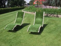 two lawn chairs made out of grass sitting on top of a lush green field next to each other