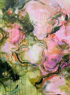 an abstract painting with pink and green colors