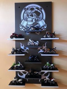 there are many motorcycles on the shelves in this room