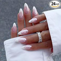 24pcs French Tipp Press on Nails Mandel Gefälschte Nägel Chrom False Nails Glänzend Vollabdeckung Falsche Nägel, Klebe Akrylische Nägel für Frauen Maniküre