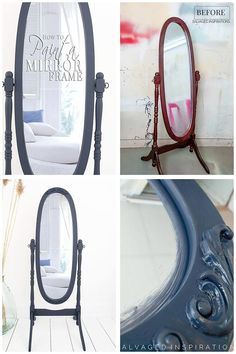 there are four different pictures of mirrors and furniture in this photo, one is an oval shaped mirror