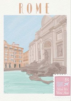 a stamp with the words rome on it and an image of a building in the background