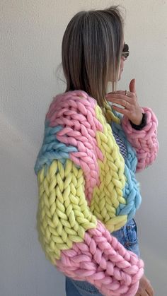 Yellow Knitted Winter Cardigan, Cozy Colorful Acrylic Sweater, Multicolor Knitted Acrylic Outerwear, Multicolor Cozy Acrylic Cardigan, Cozy Multicolor Acrylic Cardigan, Colorful Knitted Winter Cardigan, Winter Multicolor Chunky Knit Cardigan, Cozy Colorful Chunky Knit Sweater, Multicolor Knitted Acrylic Sweater Coat