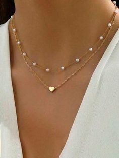 Gold  Collar  Titanium Alloy   Embellished   Women Fashion Jewelry Necklace Pearl Aesthetic, Dainty Layered Jewelry, Cute Aesthetic Necklace, Necklaces Choker, Light Feminine Jewelry, Jewelry Aesthetic Necklaces, Necklace Layered, Gold Layering Jewelry, Layer Gold Necklaces