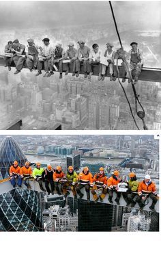 an old and new photo of people sitting on the edge of a high - rise building