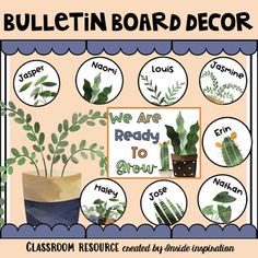 a bulletin board with different plants and words on the front, along with an image of a potted plant