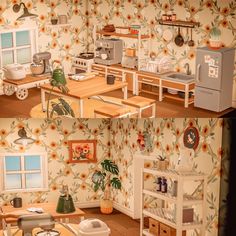 two pictures of the inside of a dollhouse kitchen and living room with flowers on the walls