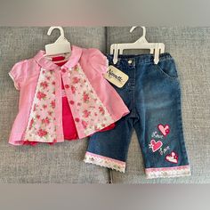 Blouse, Top, And Jeans Set; New; Does Have Small Dot That Looks Like Ink On Back Of Little Blouse Cute Spring Play Sets, Cute Pink Playtime Sets, Sweet Sets For Spring Playtime, Sweet Pink Cotton Sets, Sweet Cotton Playtime Sets, Sweet Playtime Sets For Spring, Casual Play Sets For Spring, Pink Cotton Play Sets, Cute Pink Sets For Spring