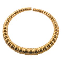 18k gold collar necklace, by Greek designer Ilias Lalaounis. DESIGNER: Lalaounis MATERIAL: 18k Gold GEMSTONES: None DIMENSIONS: Necklace will fit an approx. 14" neck, widest point is 16mm wide. MARKED/TESTED: Greece, 750, Lalaounis mark, A21. WEIGHT: 96.6 grams. CONDITION: Previously Owned, Excellent Condition. Gold Collar Necklace, Gold Collar, Stunning Jewellery, Collar Necklace, Greece, 18k Gold, Pendant Necklace, Things To Sell, Collar