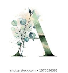 the letter a is painted with watercolors and has leaves on it's side