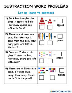 the subtraction word problems worksheet for kids to learn how to use them