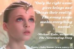 an image of a woman with blue eyes and a quote from michael ende, author of the veereing story