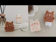 crocheted animal cell phone cases are shown in three different pictures, one is brown and the other is white