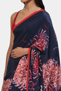 Royal blue crepe saree with all over contrast pink botanical print and tonal stone embellished highlights. Comes with running blouse piece. - Aza Fashions Georgette Blouse With Printed Motifs, Summer Digital Print Saree, Traditional Summer Saree With Digital Print, Traditional Summer Digital Print Saree, Summer Silk Saree With Floral Print, Silk Pre-draped Printed Saree, Blue Floral Print Georgette Blouse Piece, Blue Floral Print Blouse Piece In Georgette, Blue Floral Pre-draped Georgette Saree