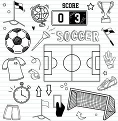 soccer doodles on lined paper with the words score and other sports items in black and white