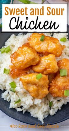 sweet and sour chicken served over rice on a plate