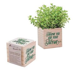 a wooden box with a plant in it sitting next to a cardboard box that says thank you for your jimmie