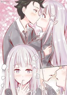 two anime characters are kissing in front of pink and white background with snow flakes