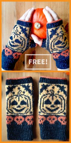 two photos showing the same hand knitted mitts with an orange and blue design