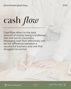 a person writing on a piece of paper with the words cash flow written below it