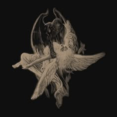 an artistic drawing of two angels on a black background