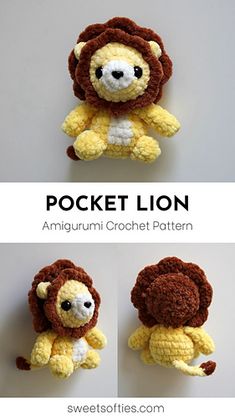 three different pictures of stuffed animals made from crochet yarns, with the text pocket lion on top and bottom