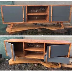 two pictures of the same sideboard with different doors and drawers, one is made out of wood