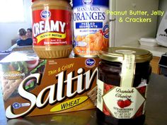 peanut butter, jelly and salt sit next to each other on a kitchen counter top