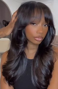 Layered Sew In Weave With Bangs, Veneers Before And After Black Women, Wigs With Curtain Bangs For Black Women, Fringe Bangs With Layers Black Women, Bangs Sew In Black Women, Body Wave Sew In With Bangs, Layered Black Wig, Bangs And Layers Black Women, Blowout With Bangs Black Women