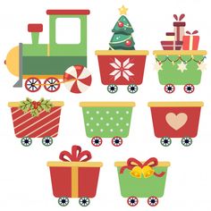 a set of christmas train cliparts with presents and gifts on the wheels,