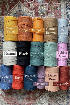 various colors of twine on a rug with the words natural, copper, copper, orange