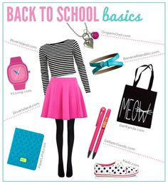 the back to school fashion guide is shown with accessories and items on it's side