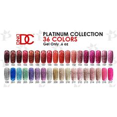 DND DC Platinum Gel Set 36 Colors + Tip (#181 - #217) Dnd Platinum Collection, Dnd Gel Christmas Colors, Statement Nail, Spa Prices, Dnd Gel Polish, Glitter Gel Polish, Gel Set, Daisy Nails, Glitter Gel Nails